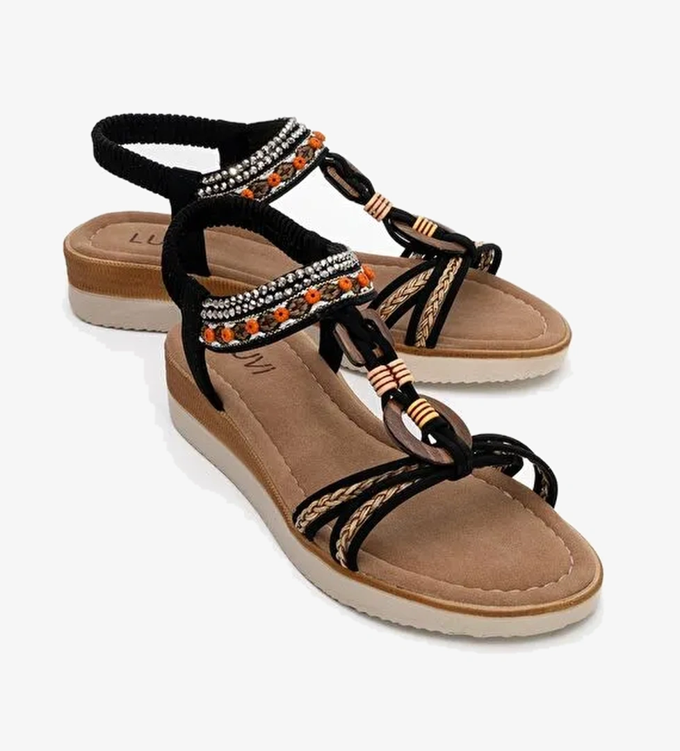 CHER Siyah Örgü Bantlı Taşlı Tokalı Kadın Sandalet - Görsel 1