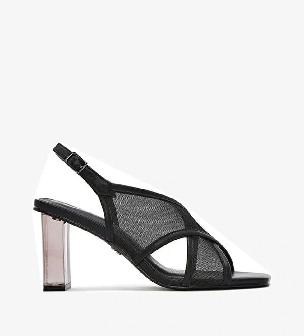 Kadın Siyah Bilekten Tokalı Kalın Topuklu Kumaş Sandalet 25SFD44256F - Görsel 1