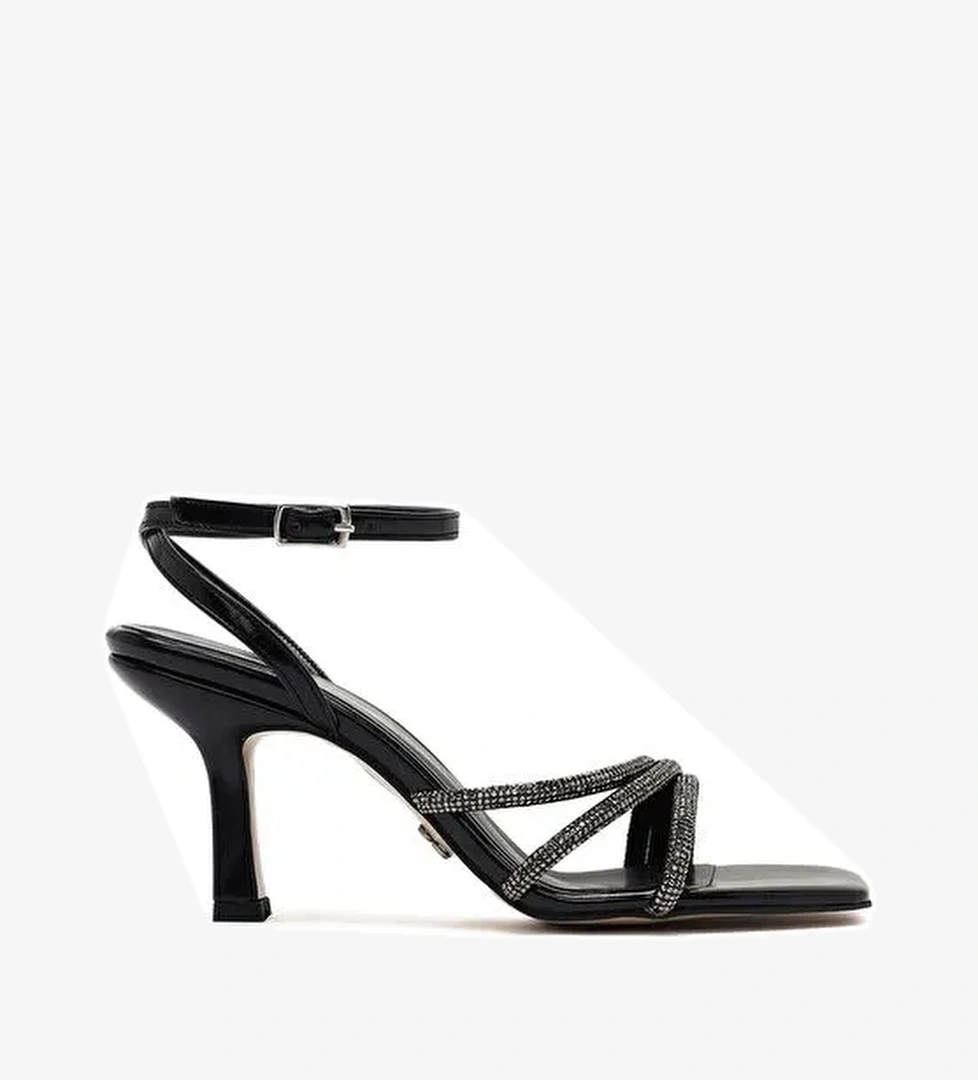 Kadın Siyah Bilekten Bantlı Taşlı İnce Topuklu Sandalet 25SFE390332 - Görsel 1