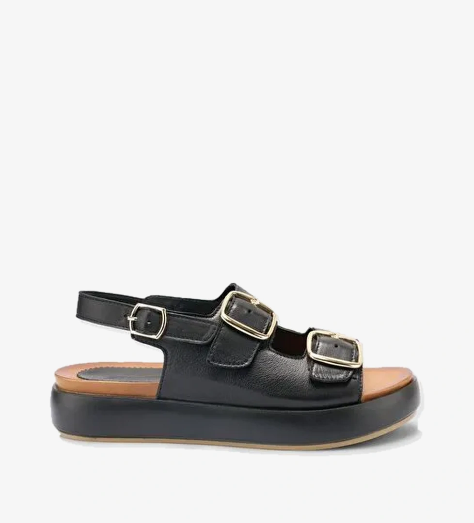 %100 Hakiki Deri Siyah Kadın Sandalet - Görsel 1