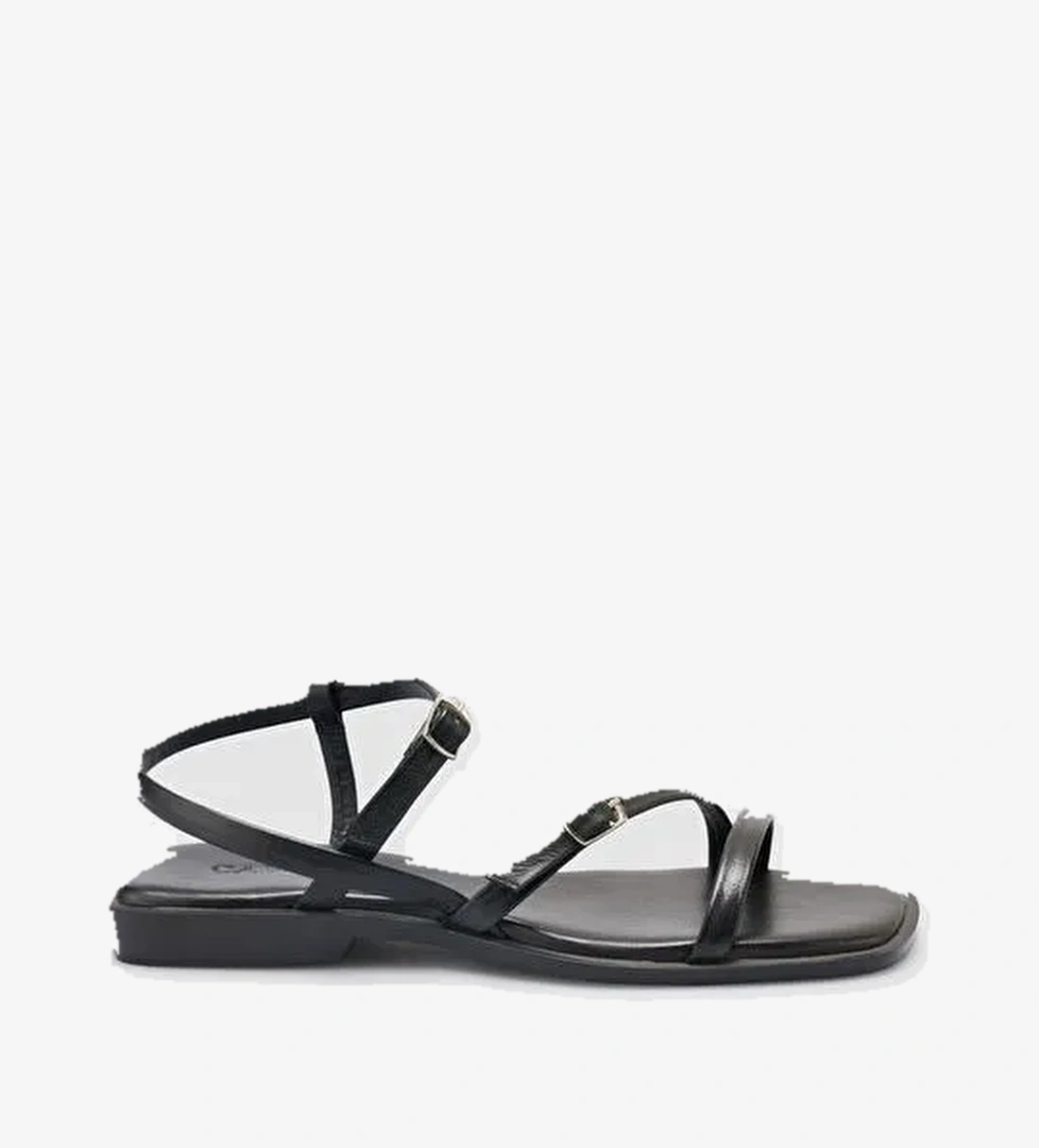 %100 Hakiki Deri Siyah Kadın Sandalet - Görsel 1