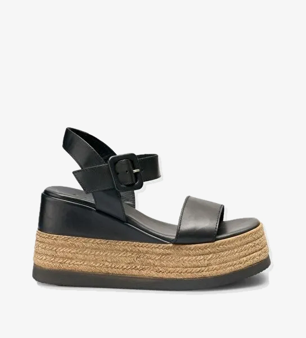 %100 Hakiki Deri Siyah Kadın Sandalet - Görsel 1