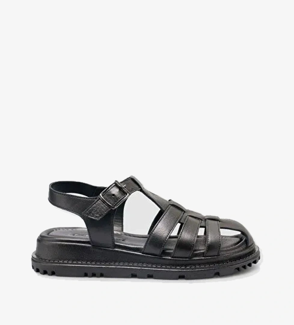 %100 Hakiki Deri Siyah Kadın Sandalet - Görsel 1