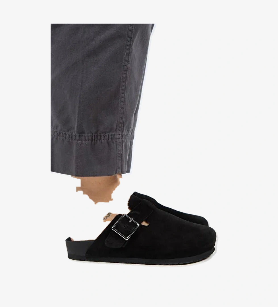 Manijero Zeta 2 Kadın Hakiki Deri Kemerli Tokalı Sabo Siyah Süet Terlik - Görsel 1