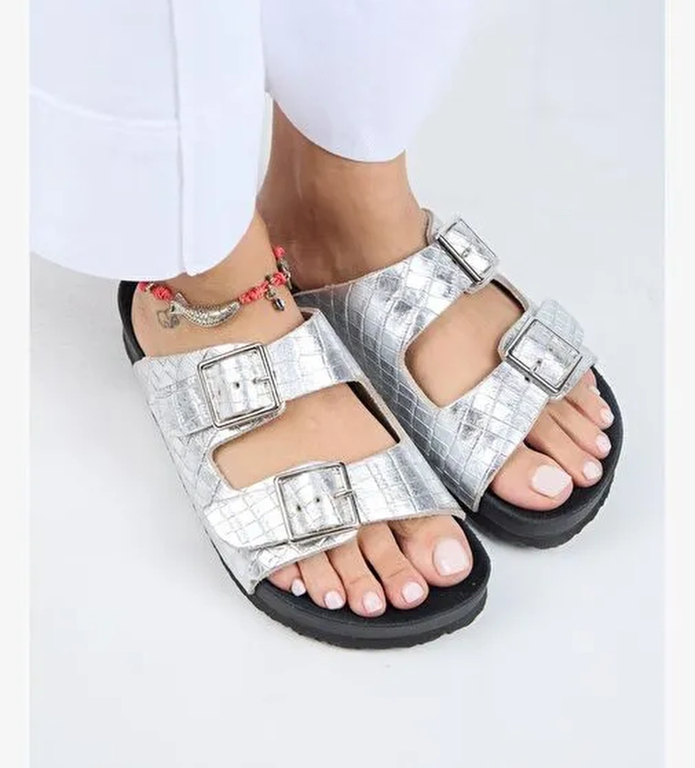 Manijero Anjelic Croco Kadın Hakiki Deri Çift Tokalı Gümüş Terlik - Görsel 1