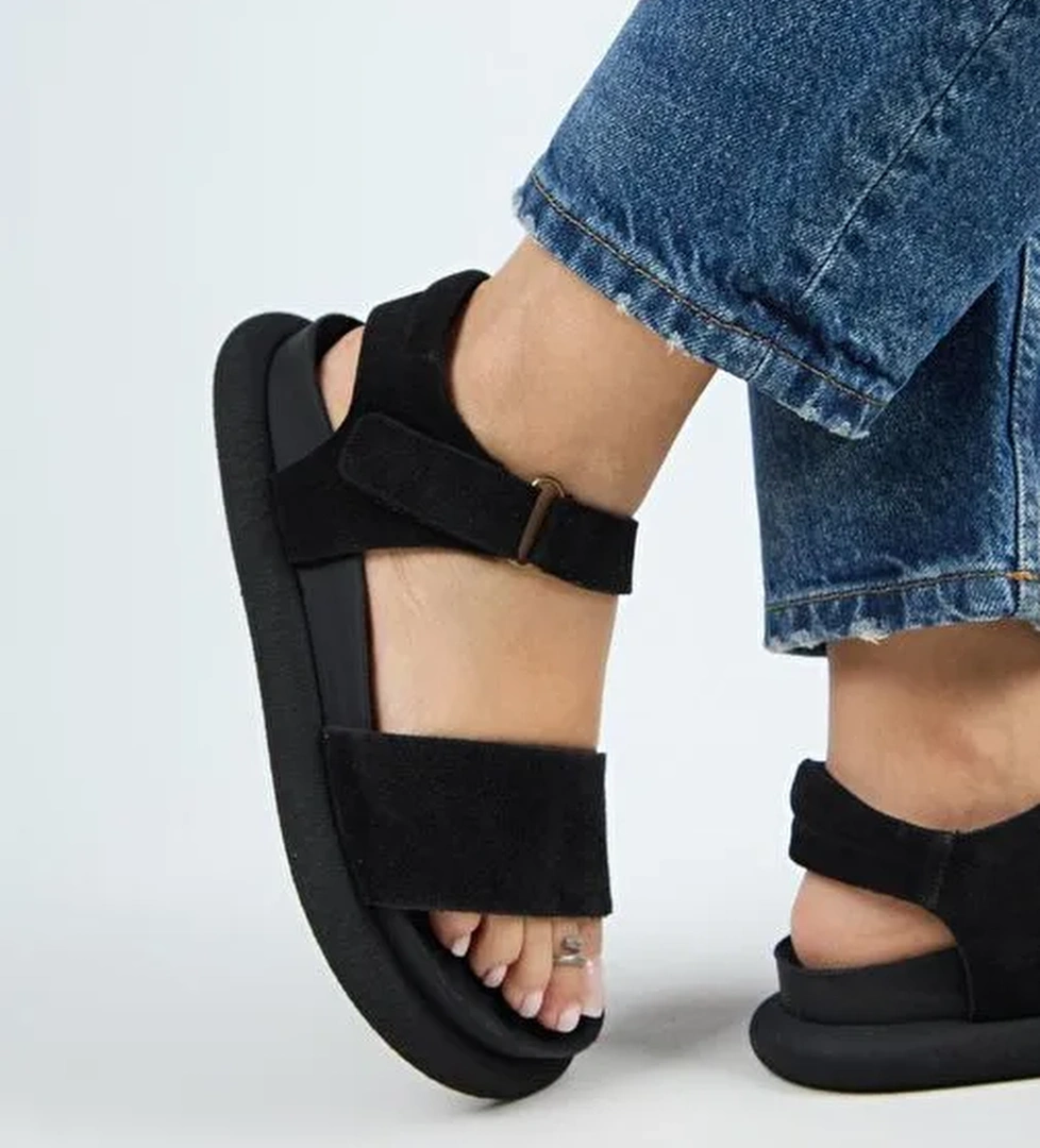 Manijero Bronx Kadın Hakiki Deri Atkılı Cırtlı Siyah Sandalet - Görsel 1