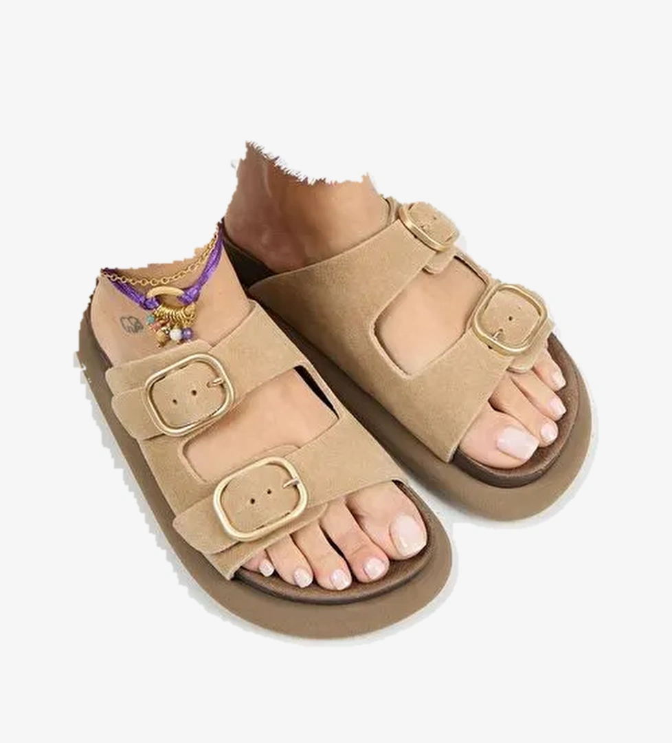 Manijero Lavanda Kadın Hakiki Deri Çift Tokalı Kum Terlik - Görsel 1