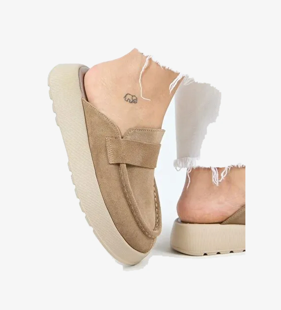 Manijero Tale Kadın Hakiki Deri Kuşaklı Sabo Vizon Terlik - Görsel 1