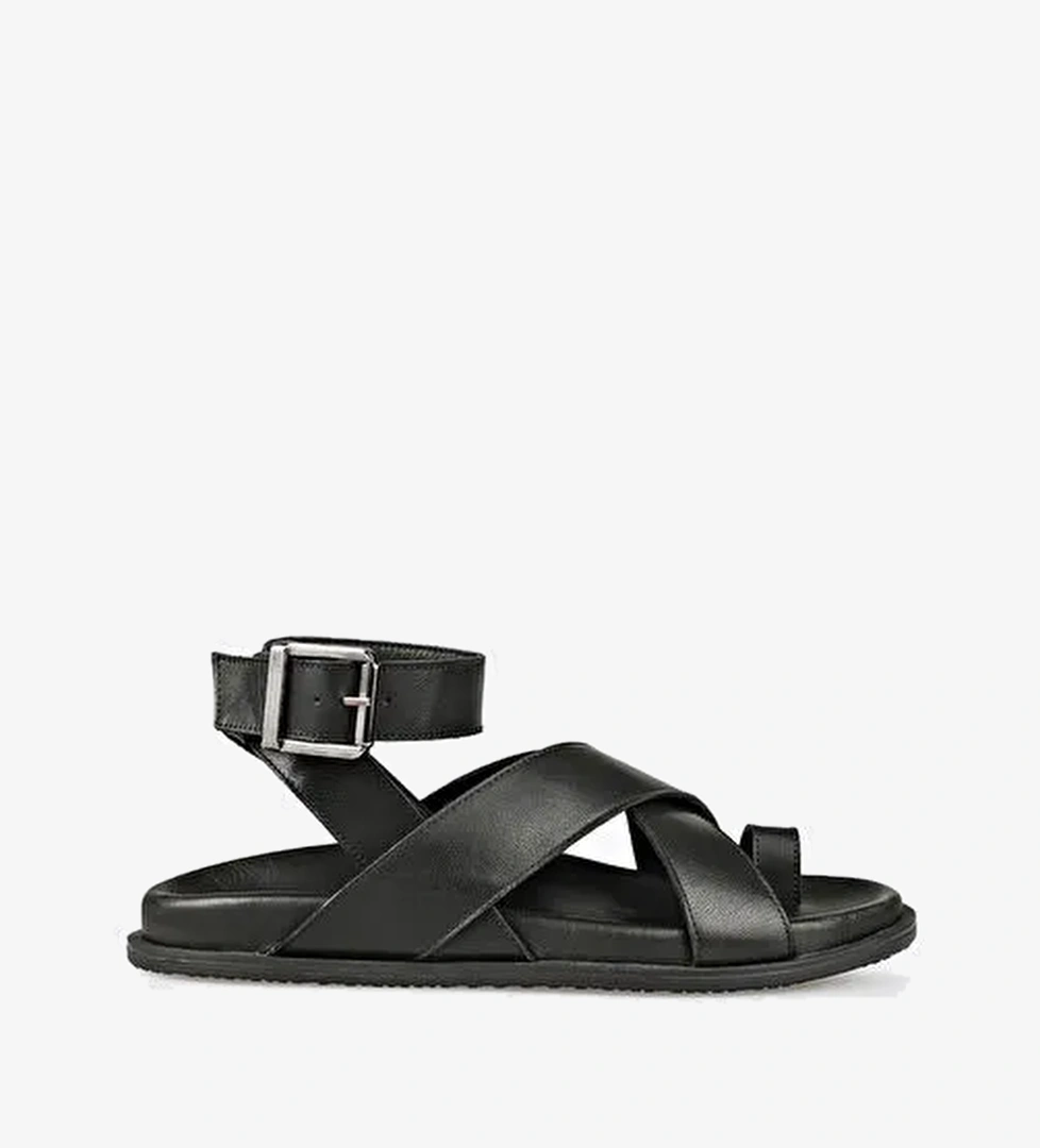 Siyah Deri Kadın Parmak Arası Sandalet - Görsel 1