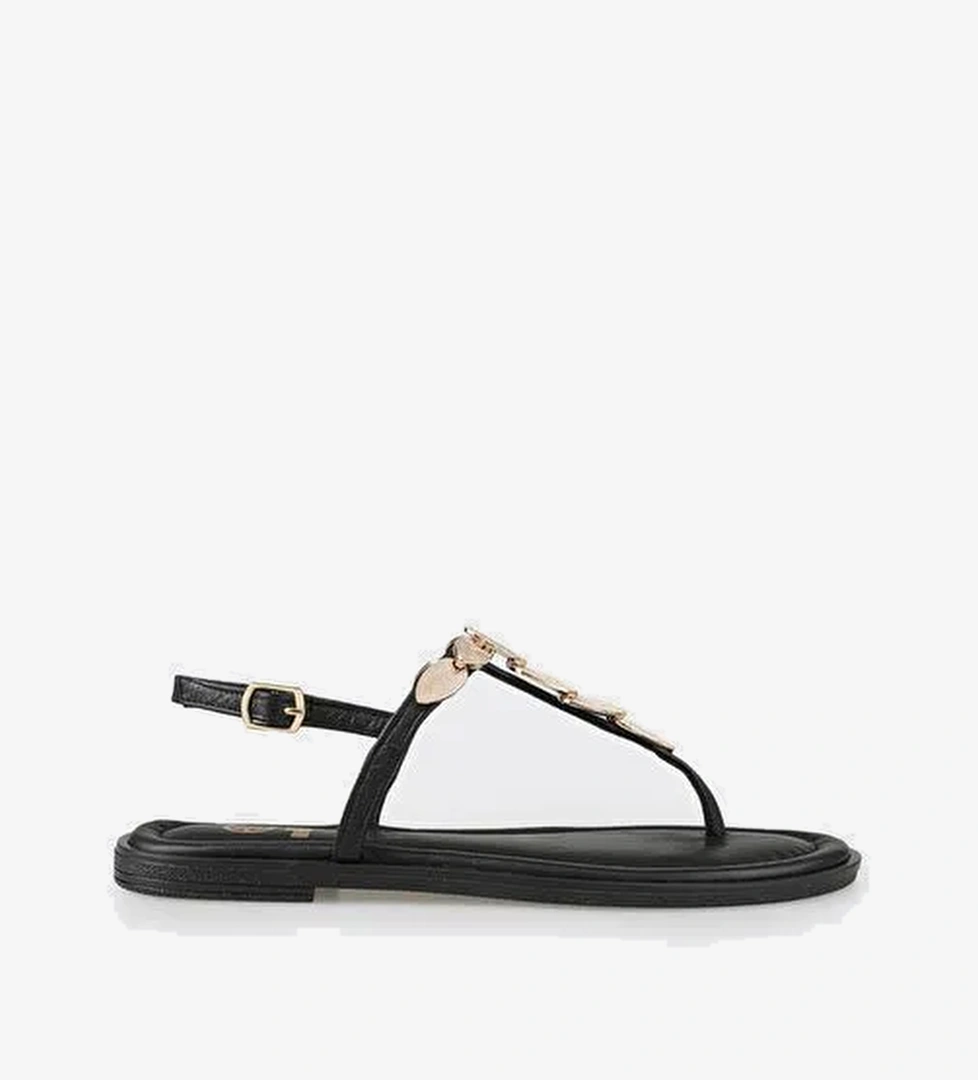 Siyah Deri Kadın Düz Sandalet - Görsel 1