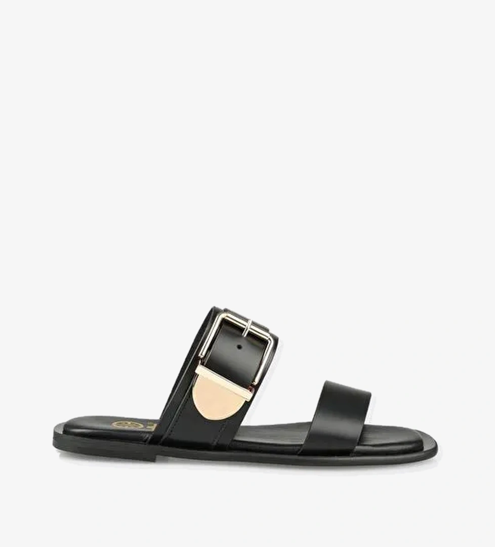 Siyah Deri Kadın Düz Terlik - Görsel 1