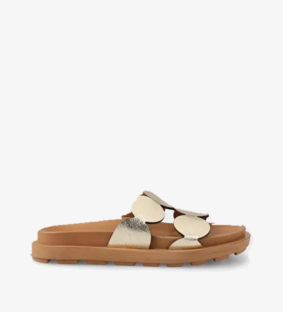 Gold Deri Kadın Düz Terlik - Görsel 1