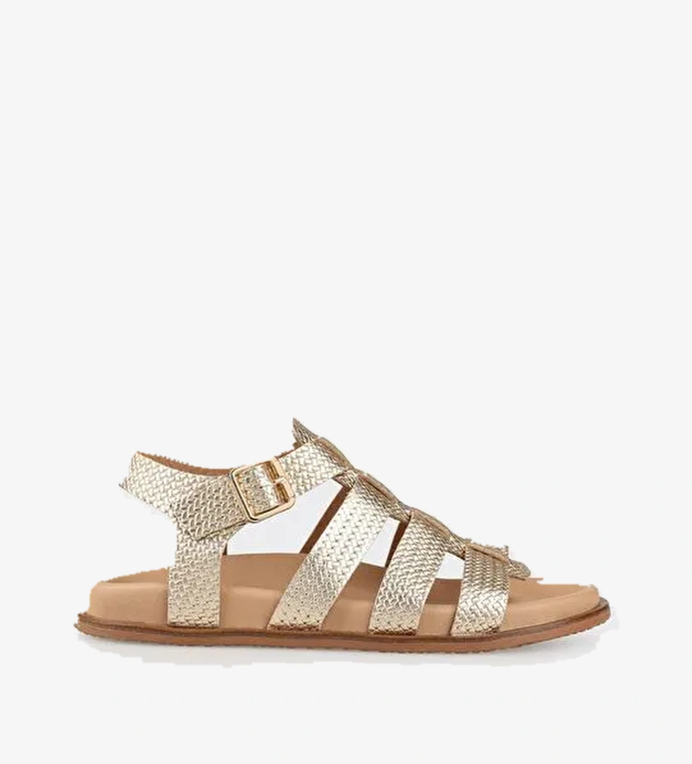 Gold Deri Kadın Düz Sandalet - Görsel 1