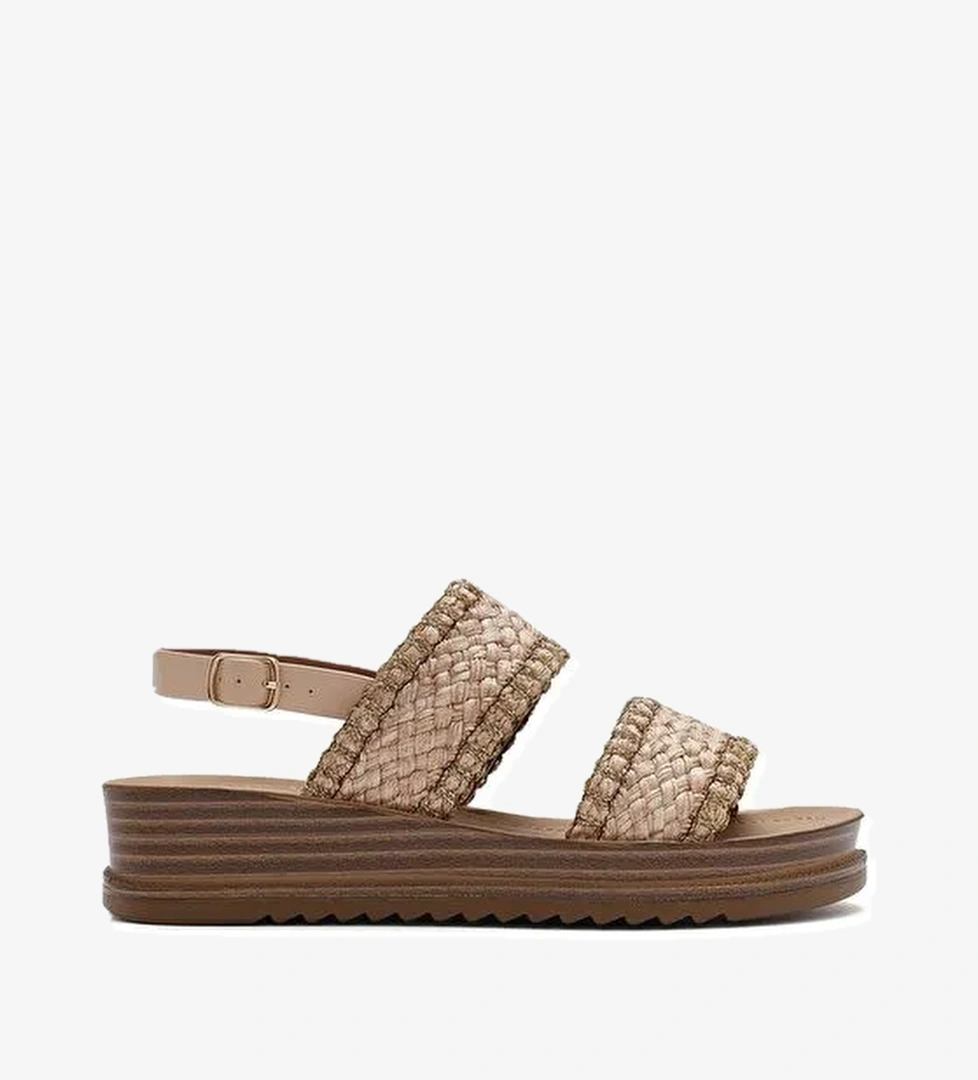 Kadın Bej Bilekten Tokalı Kalın Tabanlı Hasır Sandalet 25SFE4653M7 - Görsel 1