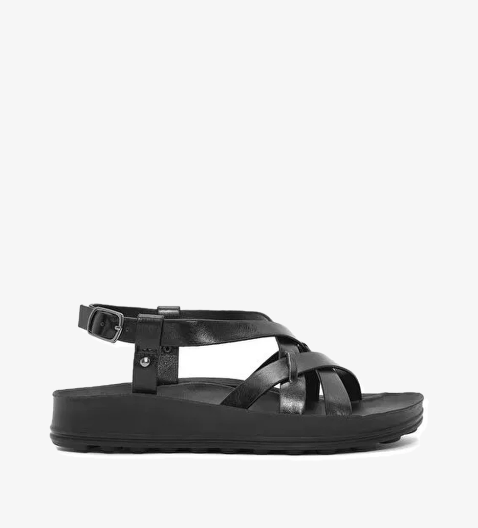 Kadın Siyah Kalın Tabanlı Metalik Sandalet 25SFE465132 - Görsel 1