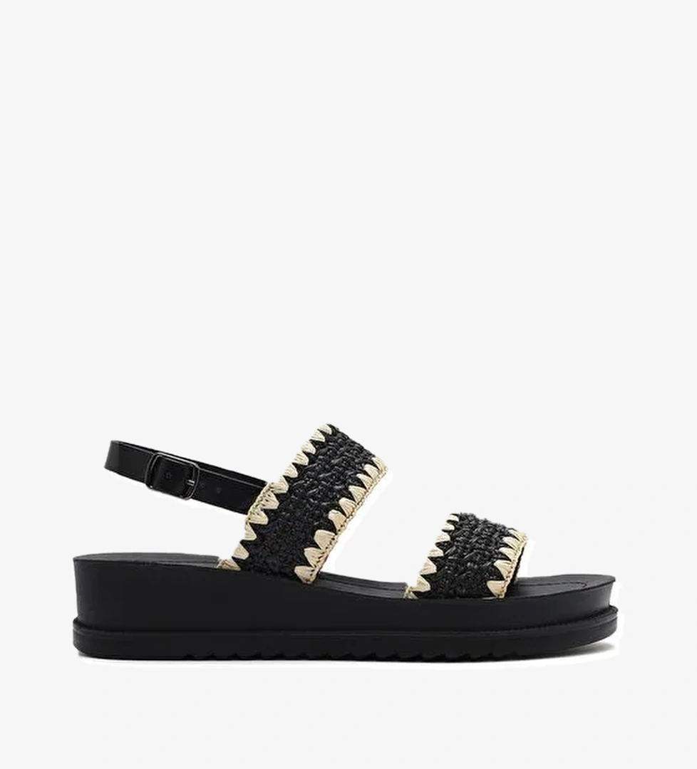 Kadın Siyah Bilekten Tokalı Kalın Tabanlı Hasır Sandalet 25SFE4653M7 - Görsel 1