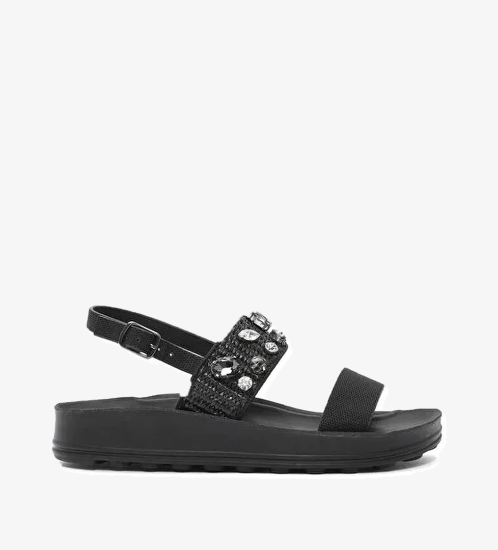 Kadın Siyah Kalın Tabanlı Taşlı Sandalet 25SFE465014 - Görsel 1