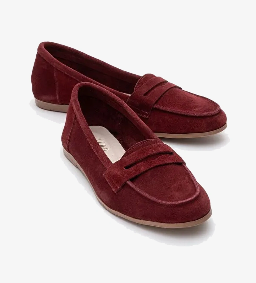 F02 Bordo Süet Hakiki Deri Kadın Loafer Ayakkabı - Görsel 1
