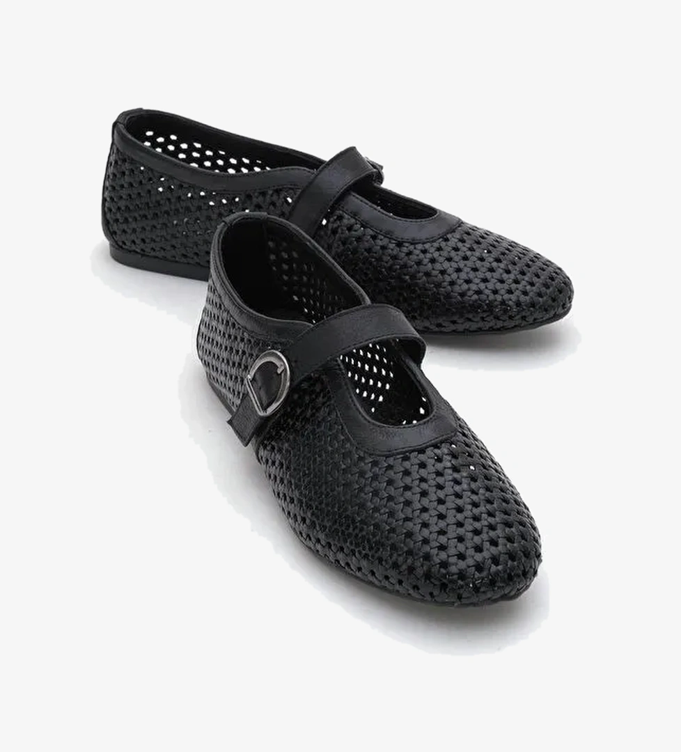 MİRELLA Siyah Örgülü Hakiki Deri Kadın Babet Ayakkabı - Görsel 1