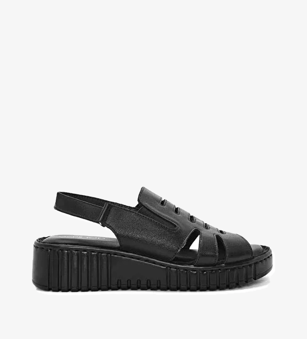 Kadın Siyah Kalın Tabanlı Deri Comfort Sandalet 25SFD410618 - Görsel 1