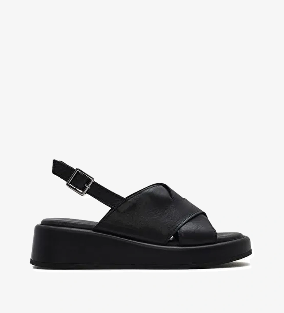 Kadın Siyah Bilekten Tokalı Kalın Tabanlı Deri Sandalet 25SFD201718 - Görsel 1