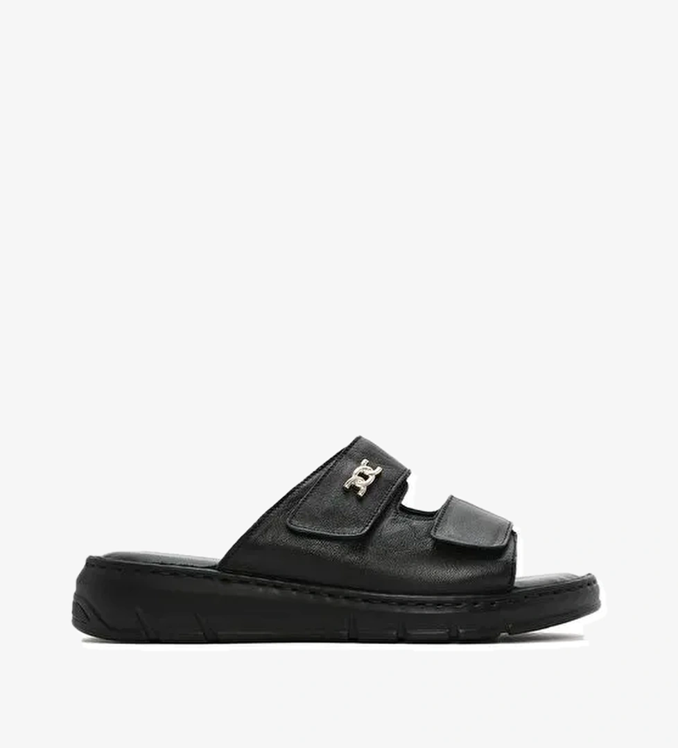 Kadın Siyah Çift Bantlı Deri Comfort Terlik 25SFD341218 - Görsel 1