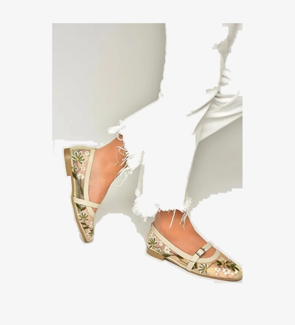 U241793015 Bej File Çiçek Motifli Kadın Babet - Görsel 1