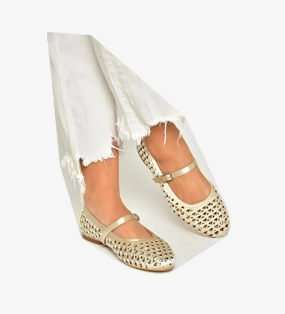 U725513204 Bej Kumaş Taş Detaylı Kadın Babet - Görsel 1