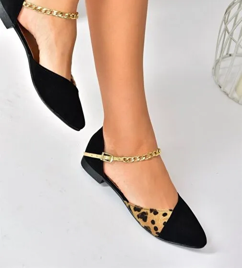 Siyah/Leopar Süet Zincir Detaylı Kadın Babet P726054502 - Görsel 1