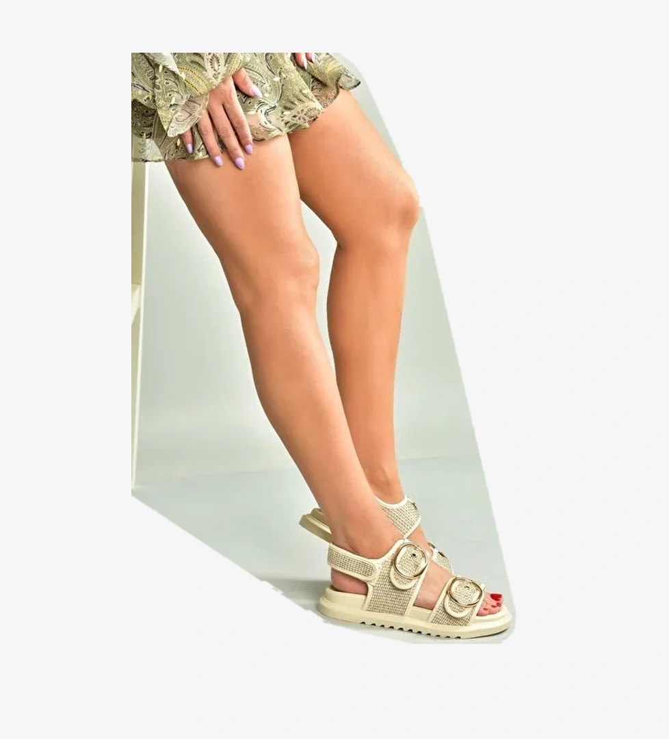 U725092117 Bej Hasır Kadın Sandalet - Görsel 1