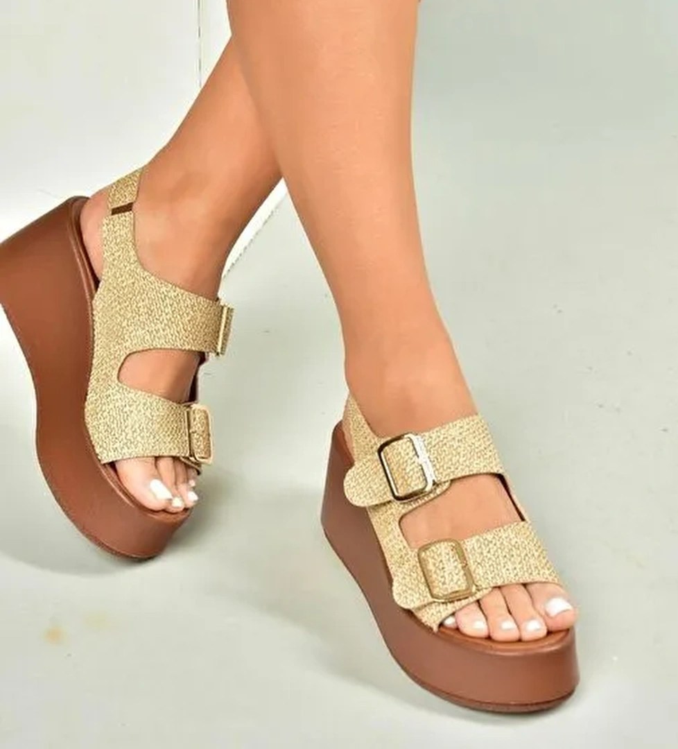 U946418517 Bej Hasır Dolgu Topuklu Kadın Ayakkabı - Görsel 1