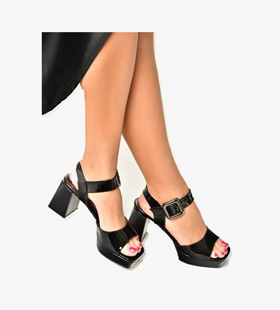 U820009708 Siyah Rugan Kalın Topuklu Kadın Ayakkabı - Görsel 1