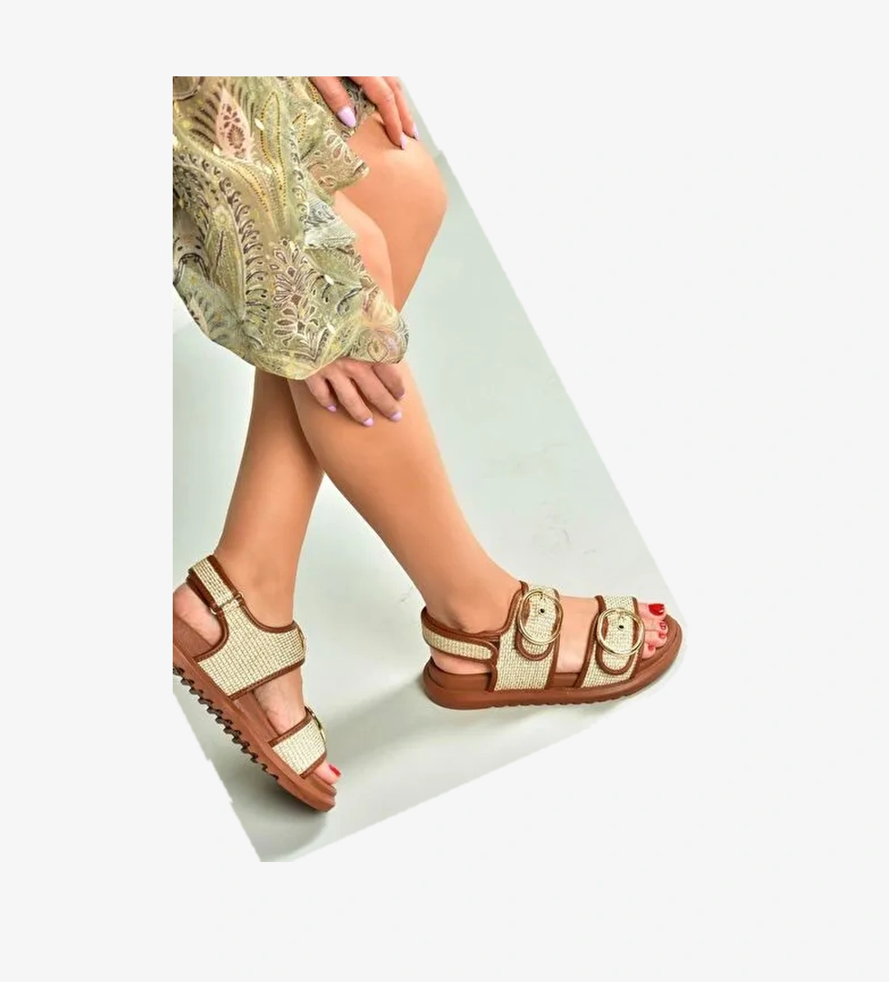 U725092117 Taba Hasır Kadın Sandalet - Görsel 1