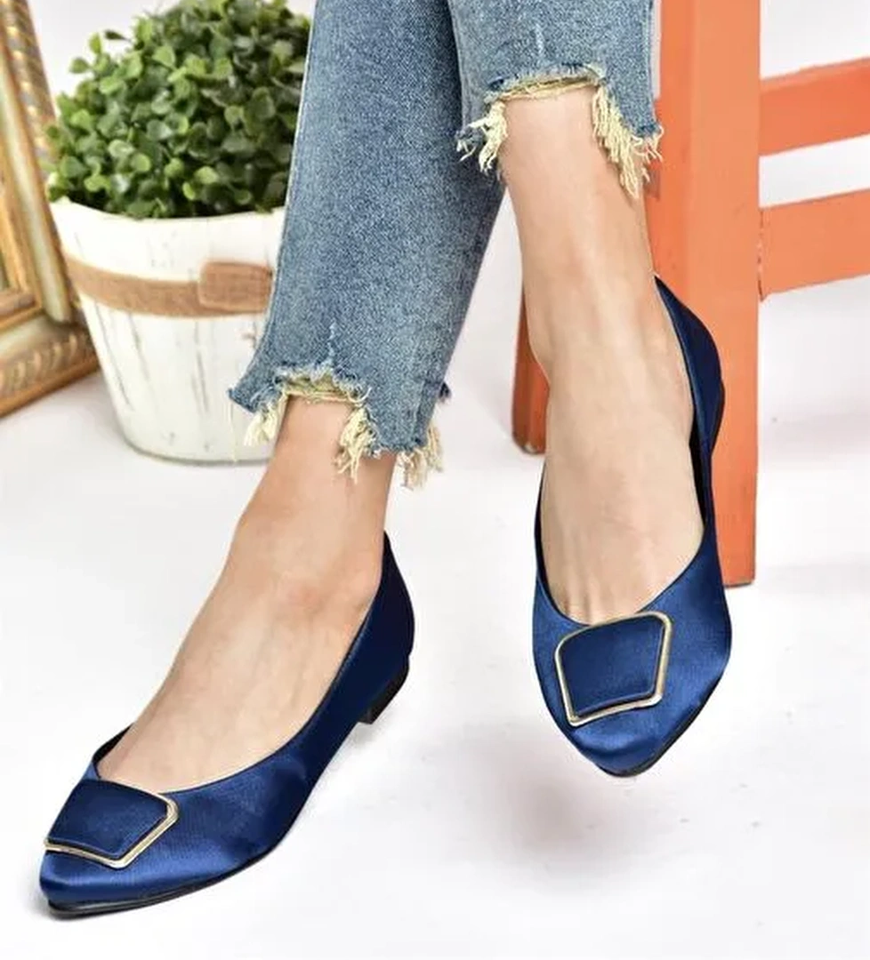 P726776304 Lacivert Saten Kumaş Kadın Babet - Görsel 1