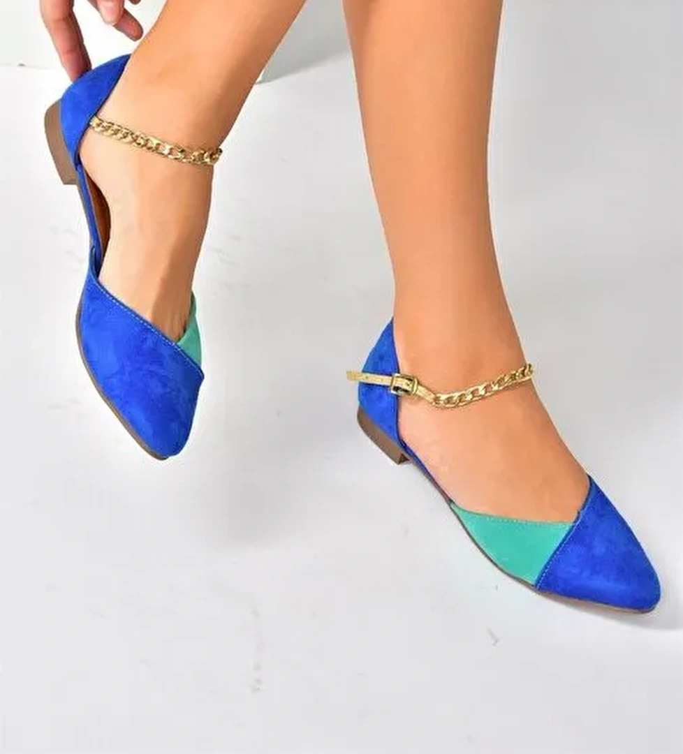 Saks Mavi/Su Yeşili Süet Zincir Detaylı Kadın Babet P726054502 - Görsel 1