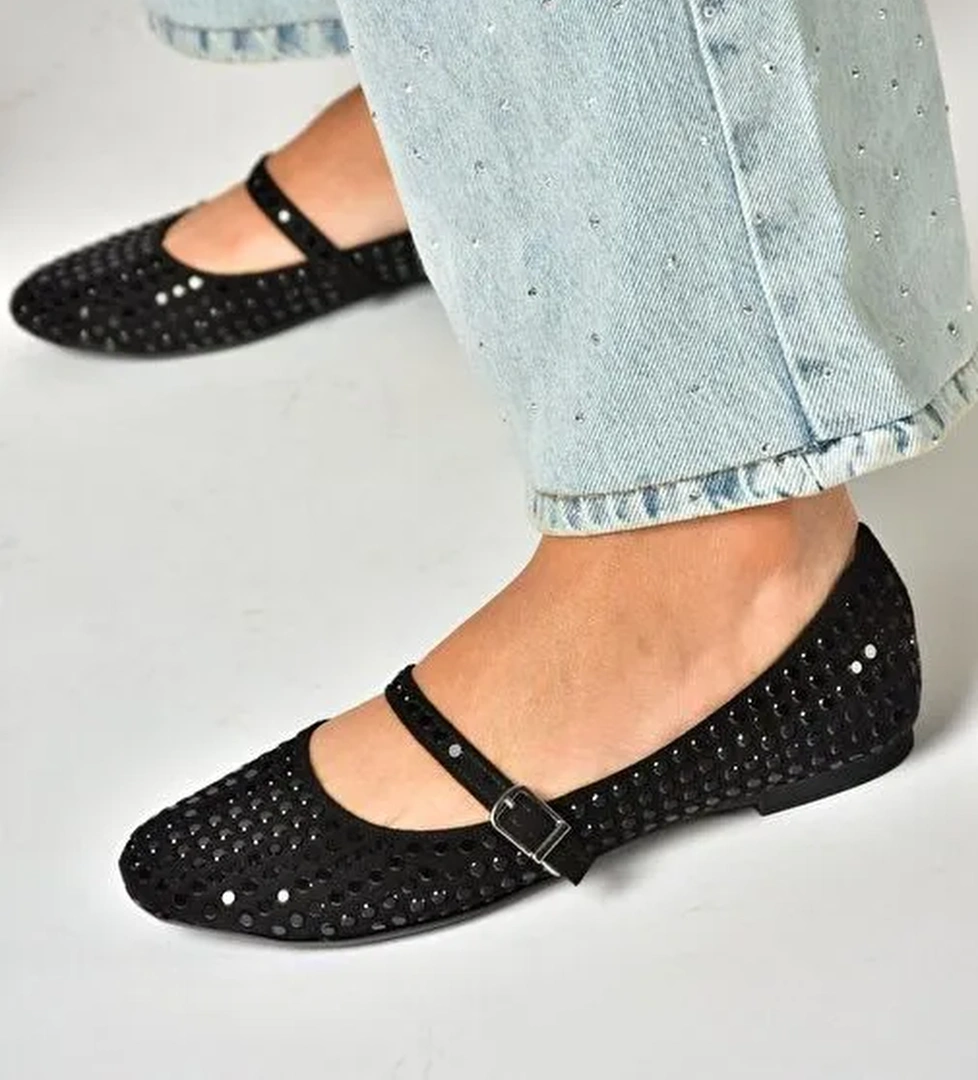 U726634504 Siyah Kumaş Taş Detaylı Babet - Görsel 1