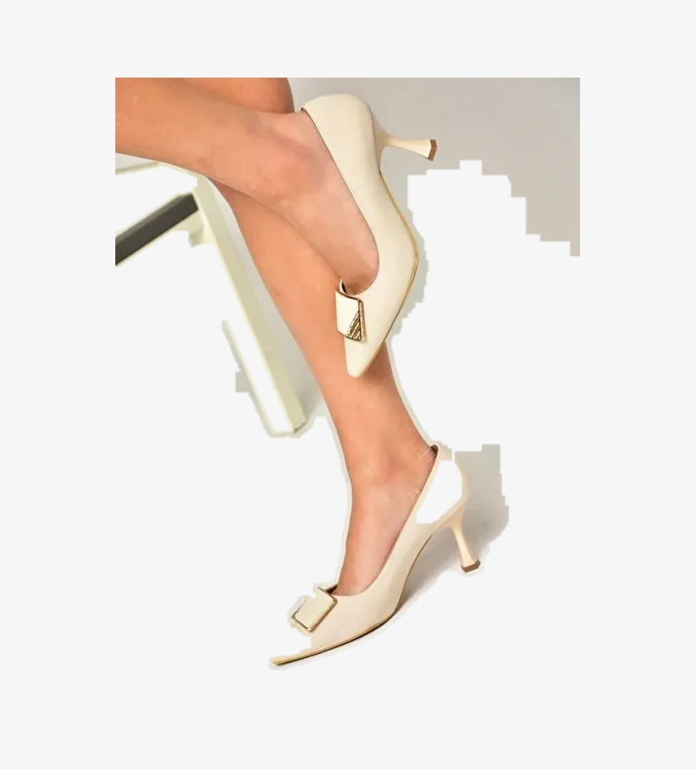 U820971104 Bej Kumaş İnce Topuklu Kadın Ayakkabı - Görsel 1