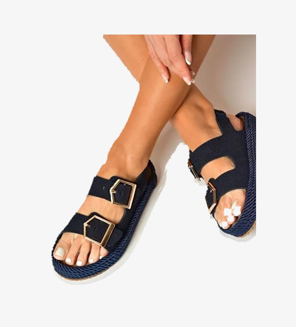 U596330302 Lacivert Süet Kadın Sandalet - Görsel 1