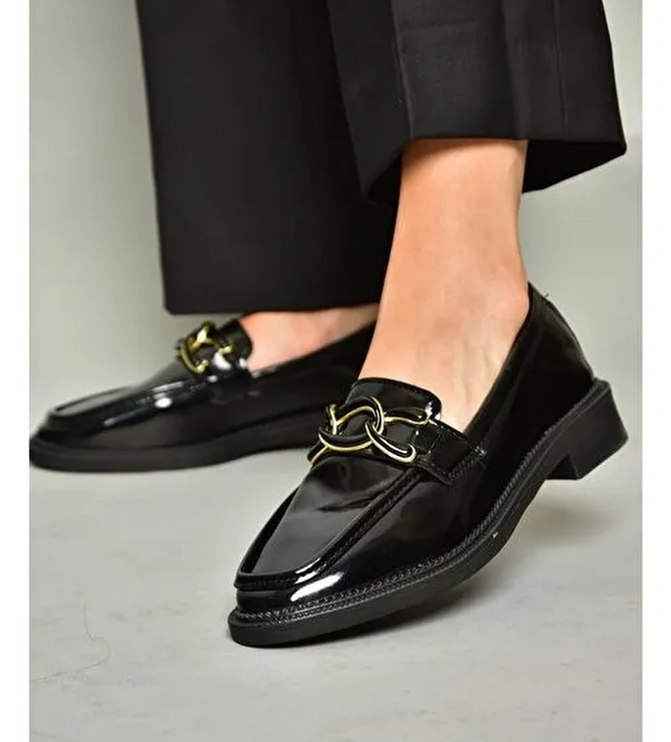 T314576408 Siyah Rugan Loafer Makosen Kadın Ayakkabı - Görsel 1