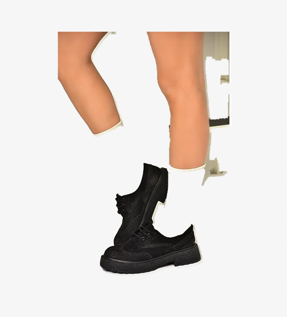 T996199002 Siyah Süet Kalın Tabanlı Kadın Ayakkabı - Görsel 1