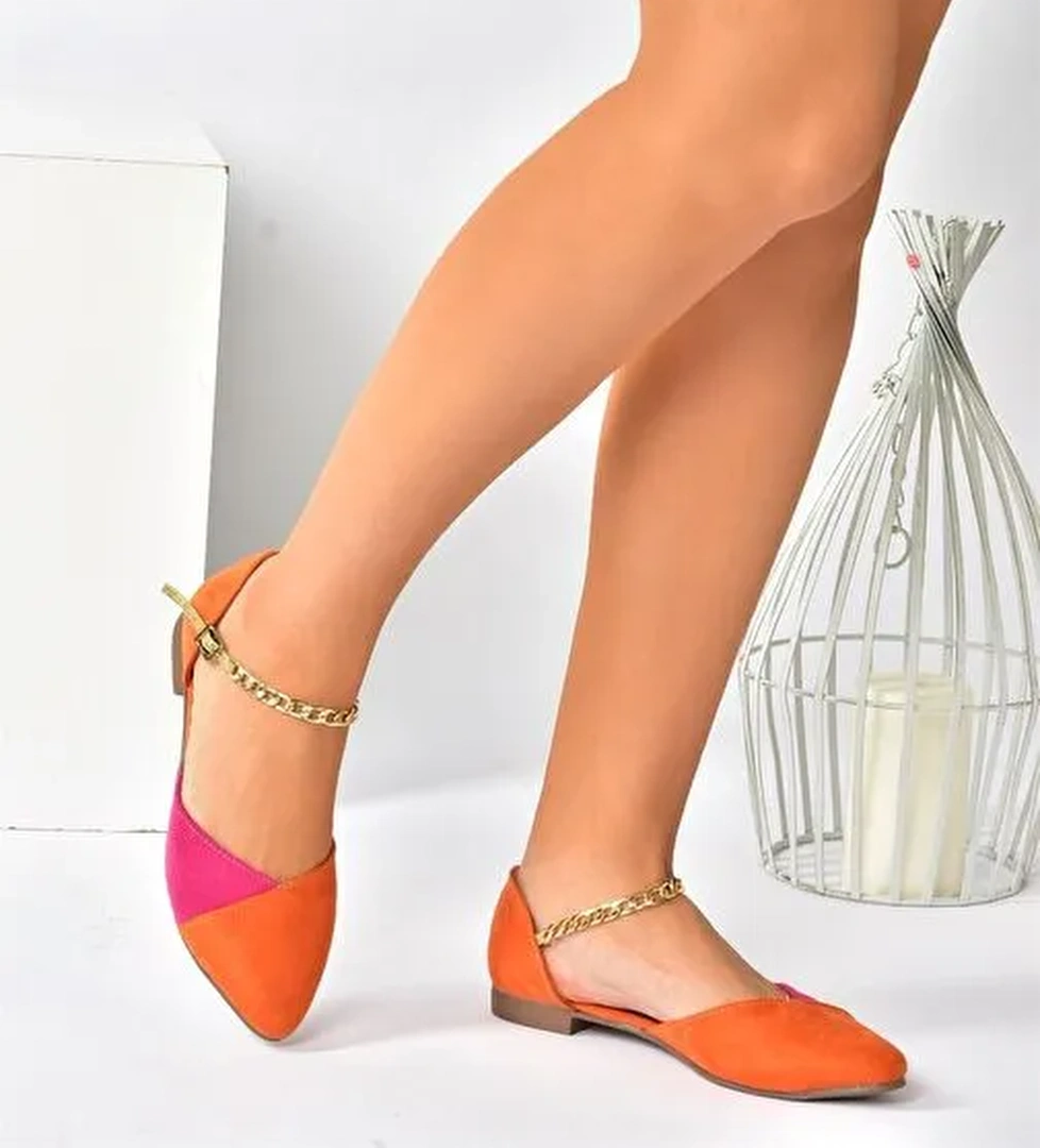 Turuncu/Fuşya Süet Zincir Detaylı Kadın Babet P726054502 - Görsel 1