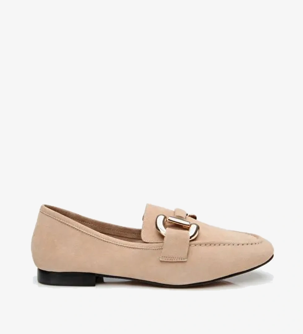 Kadın Süet Deri Bej Tokalı Günlük Loafer - Görsel 1
