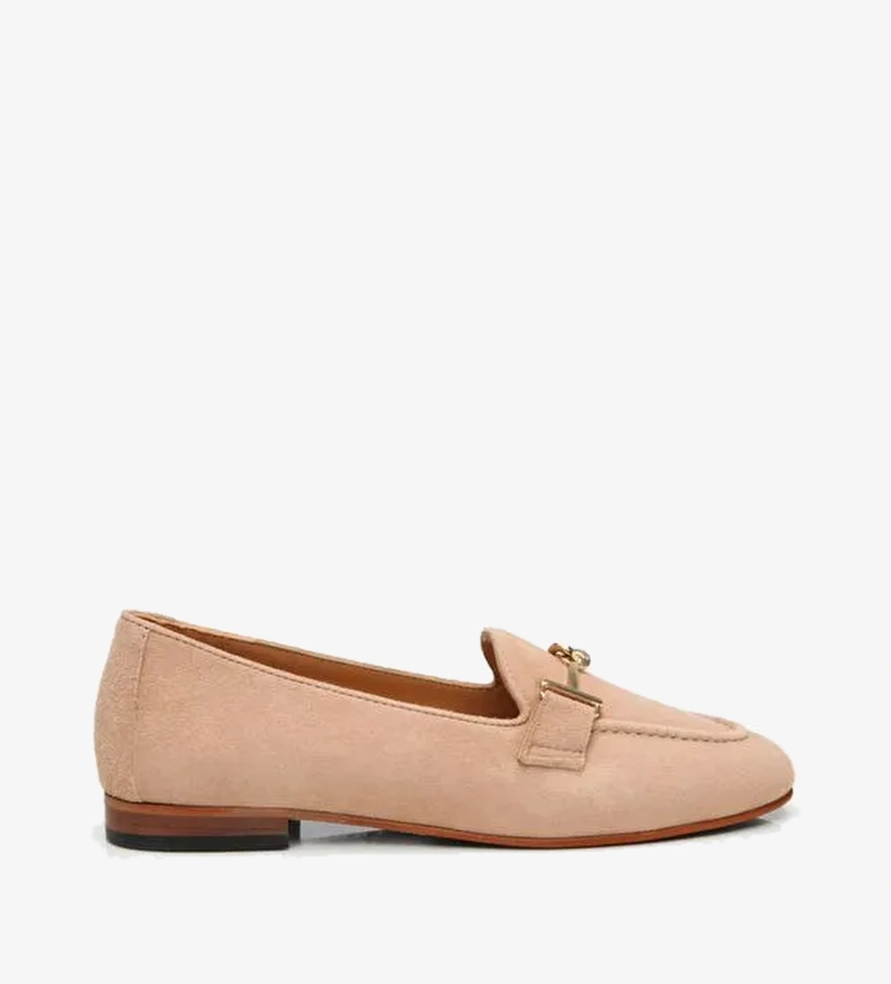 Kadın Süet Deri Bej Tokalı Klasik Loafer - Görsel 1