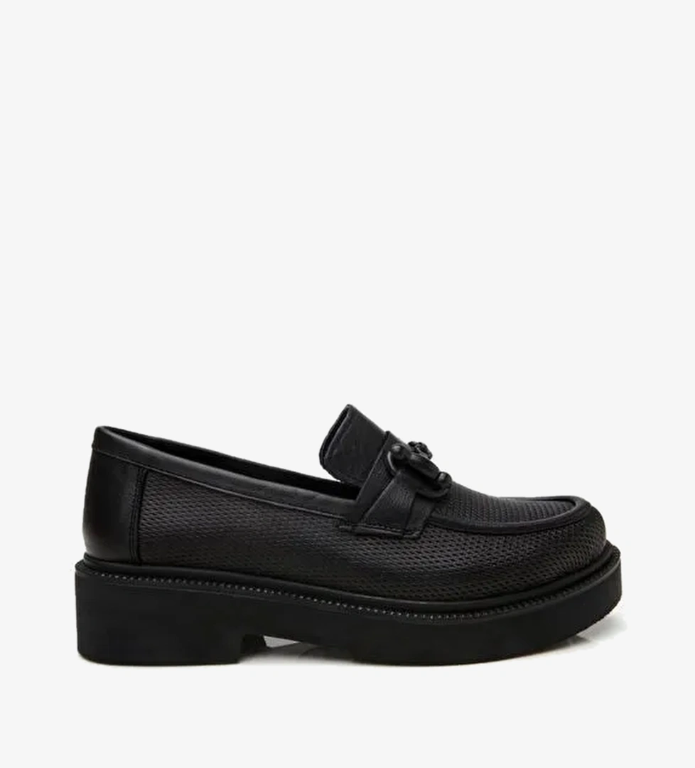 Kadın Deri Siyah Tokalı Klasik Loafer - Görsel 1