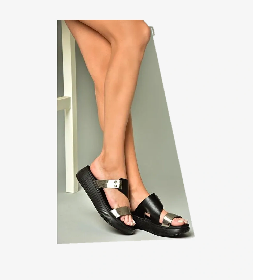 S291059703 Siyah/Platin Hakiki Deri Kalın Tabanlı Kadın Terlik - Görsel 1