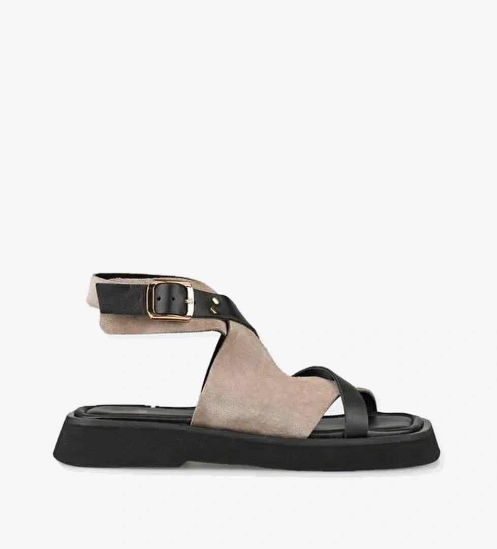 Siyah Deri Kadın Düz Sandalet - Görsel 1