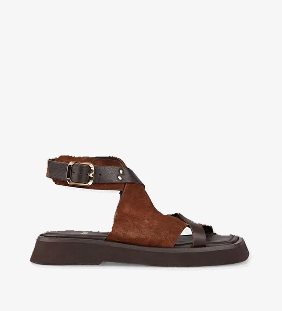 Kahve Deri Kadın Düz Sandalet - Görsel 1