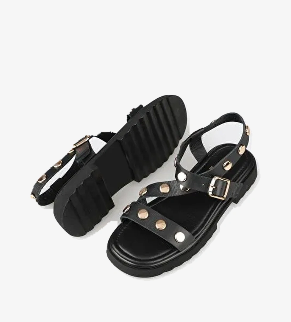 Siyah Deri Kadın Düz Sandalet - Görsel 1