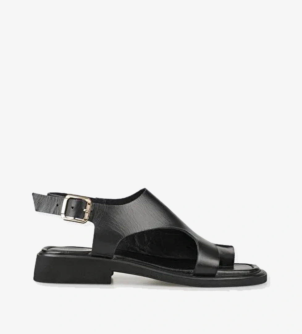 Siyah Deri Kadın Parmak Arası Sandalet - Görsel 1