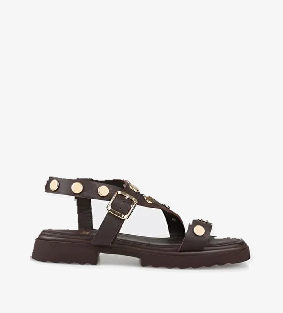 Kahve Deri Kadın Düz Sandalet - Görsel 1